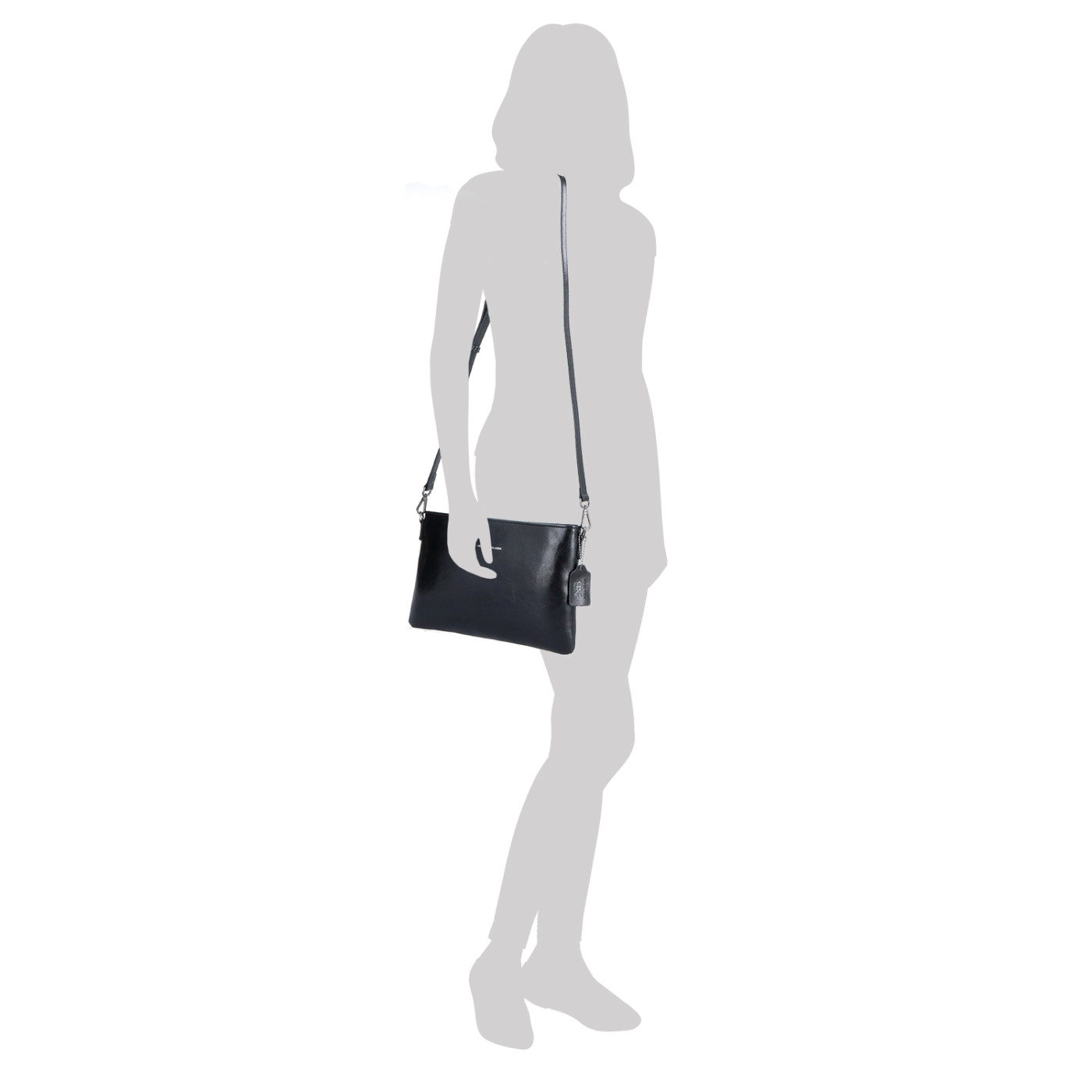 Elegantná minimalistická kožená crossbody kabelka Noelia Bolger materiál kože zapínanie na zips farba čierna veľkosť malá NB 0105 C Na postave