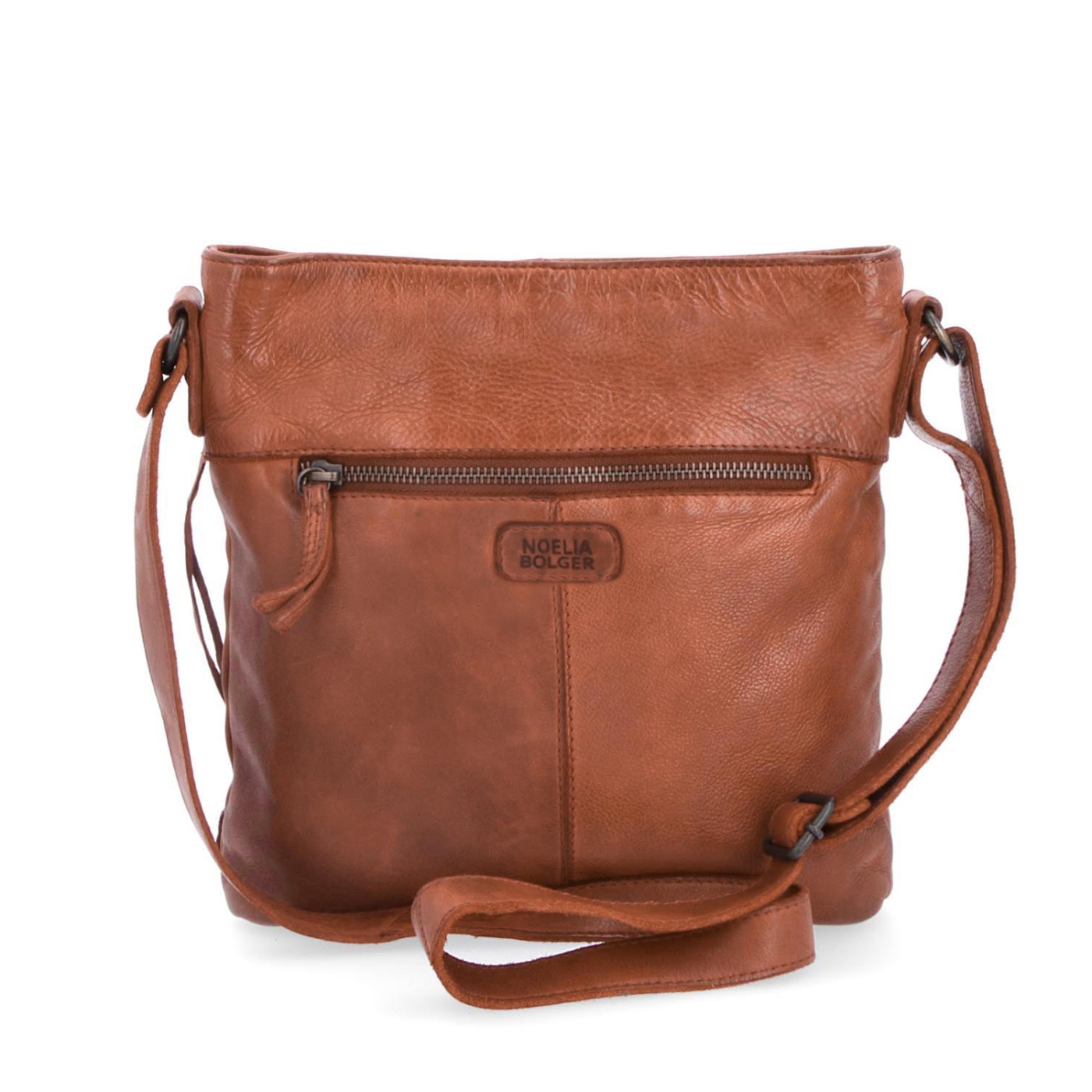 Kožená crossbody kabelka vo vintage štýle Noelia Bolger materiál kože zapínanie na zips farba koňaková veľkosť malá NB 2001 KO Zozadu
