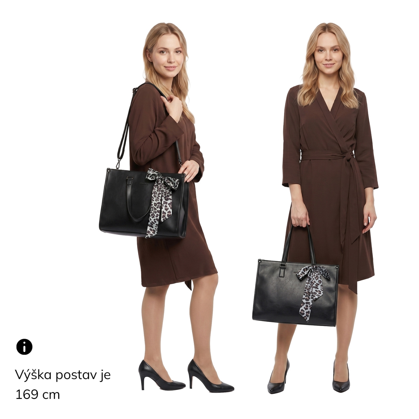 Elegantná kabelka do ruky s ozdobnou šatkou Le Sands materiál syntetická koža zapínanie na zips farba čierna veľkosť veľká 7727 C Na postave