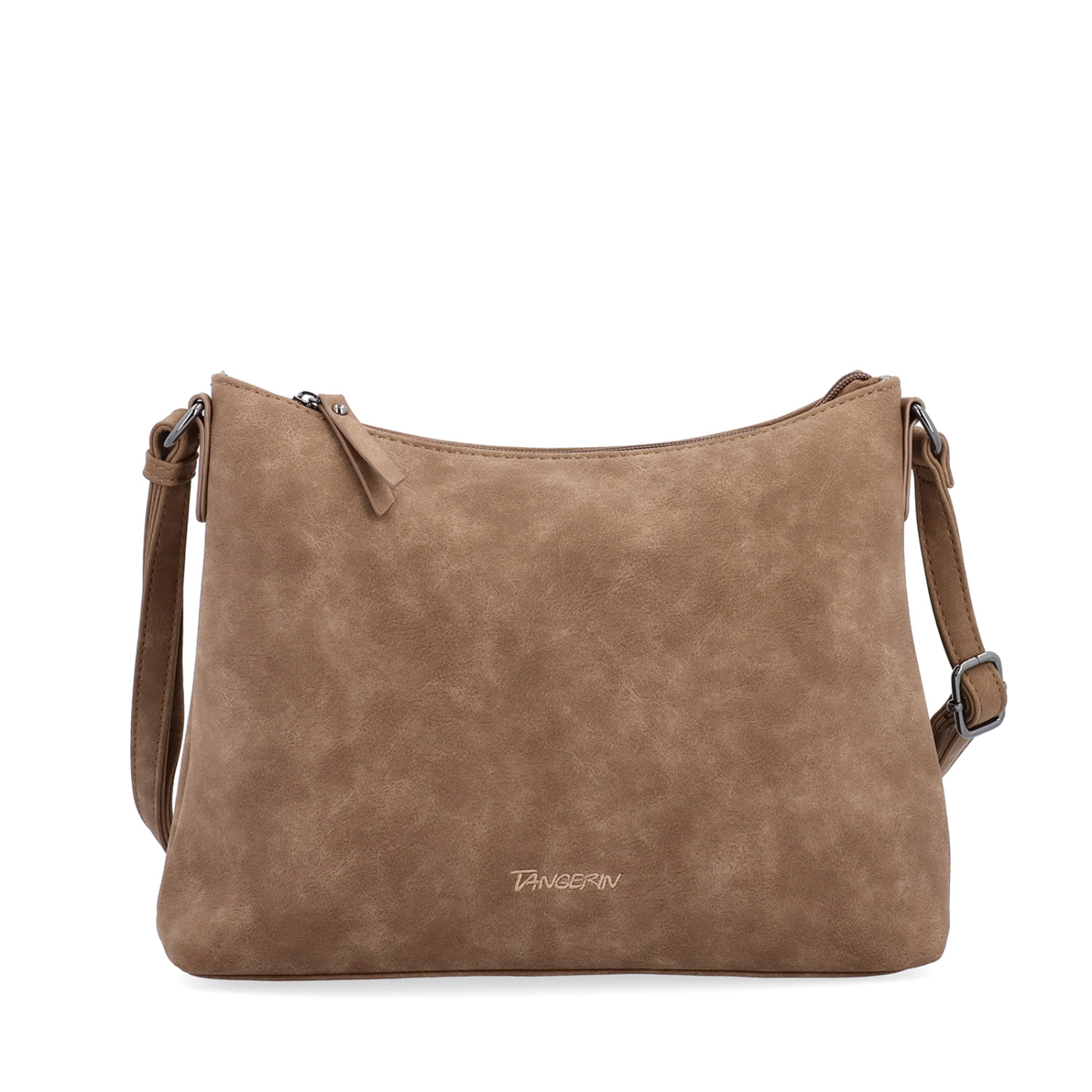 Dámska elegantná crossbody kabelka Tangerin materiál syntetická koža zapínanie na zips farba taupe veľkosť malá 1110 T Spredu