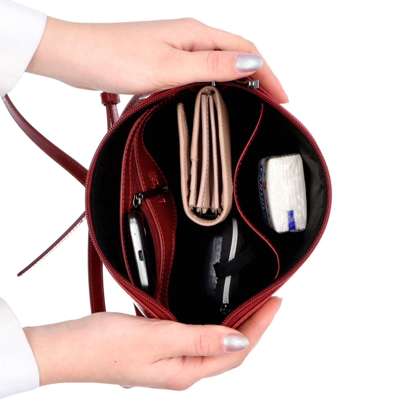Luxusná kožená crossbody kabelka Noelia Bolger materiál kože zapínanie na zips farba červená veľkosť malá NB 0077 TCV Vnútro