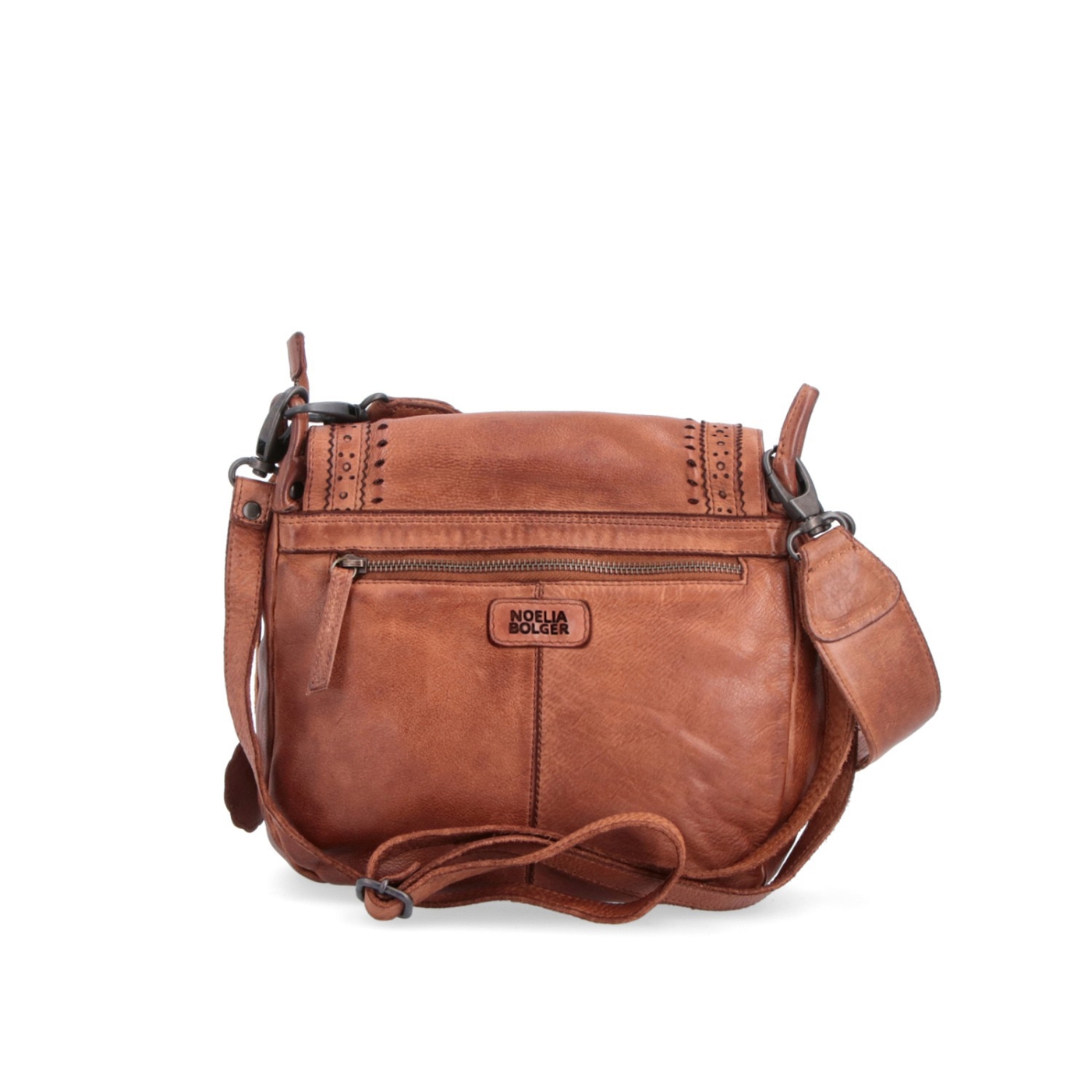 Kožená crossbody kabelka so zdobenou chlopňou Noelia Bolger materiál kože zapínanie s chlopňou farba koňaková veľkosť stredná NB 2030 KO Zozadu