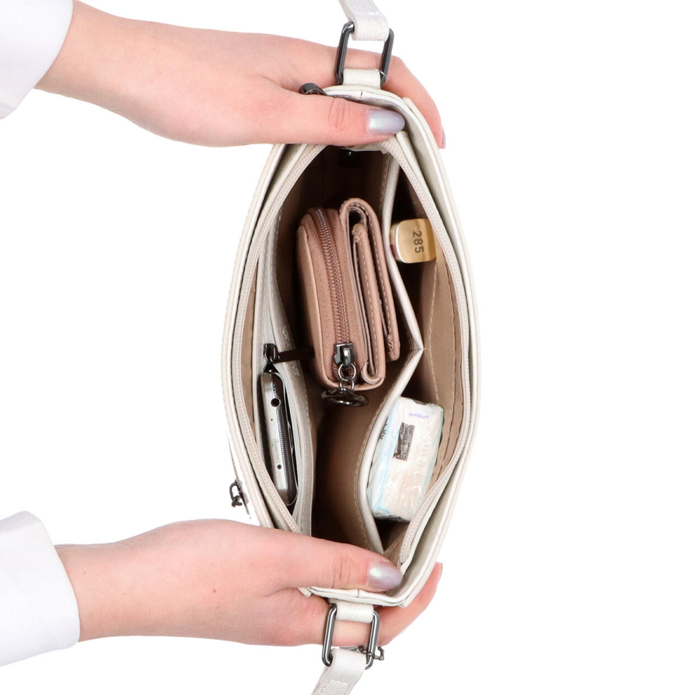 Elegantná, pevnejšia kožená crossbody kabelka Noelia Bolger materiál kože zapínanie na zips farba biela veľkosť malá NB 0103 OW Vnútro