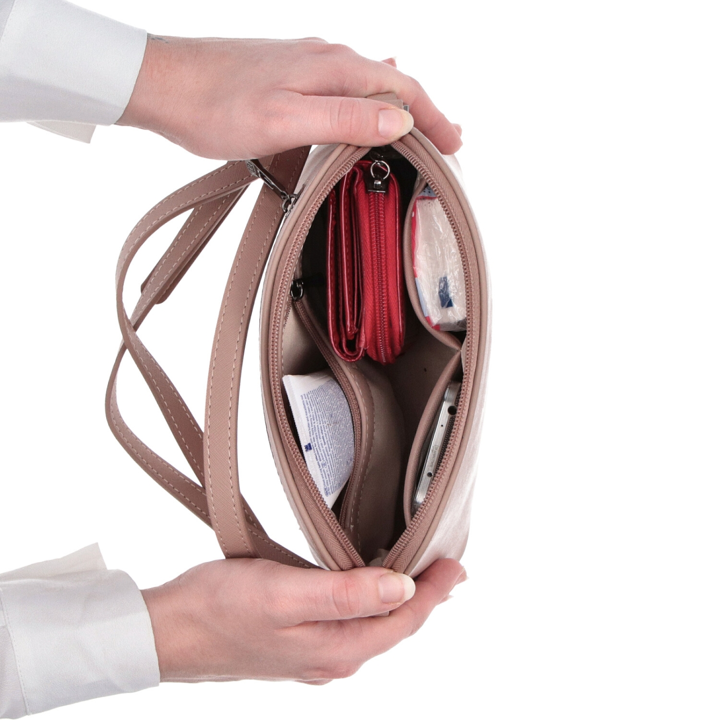 Luxusná kabelka cez rameno Noelia Bolger materiál kože zapínanie na zips farba nude veľkosť malá NB 0070 N Vnútro