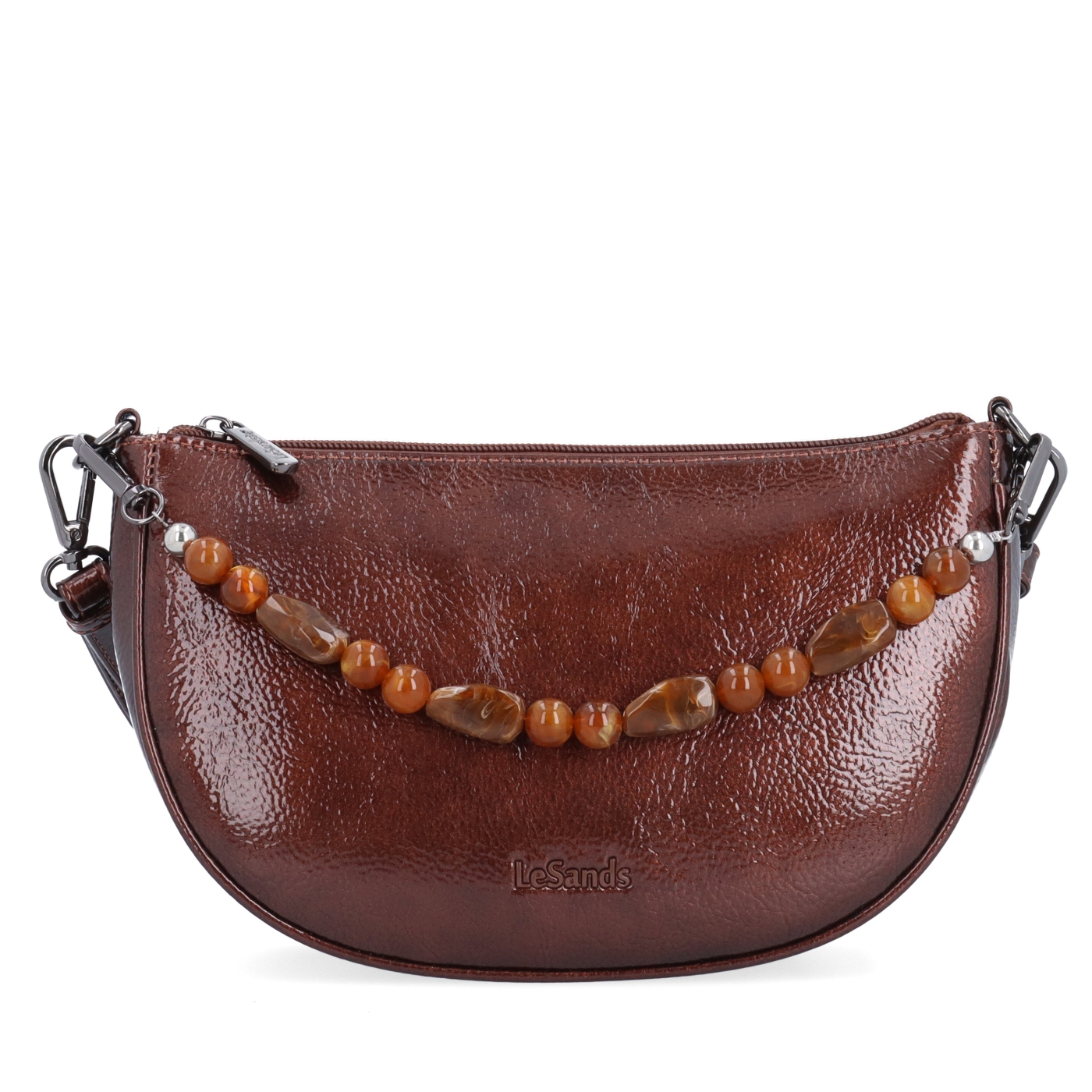 Štýlová crossbody kabelka s odnímateľnou ozdobnou retiazkou Le Sands materiál syntetická koža zapínanie na zips farba hnedá veľkosť malá 4639 H Spredu