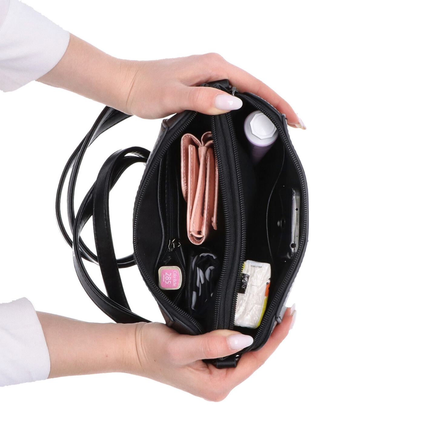 Menšia crossbody kabelka s dvoma vreckami Le Sands materiál syntetická koža zapínanie na zips farba čierna veľkosť malá 7716 C Vnútro