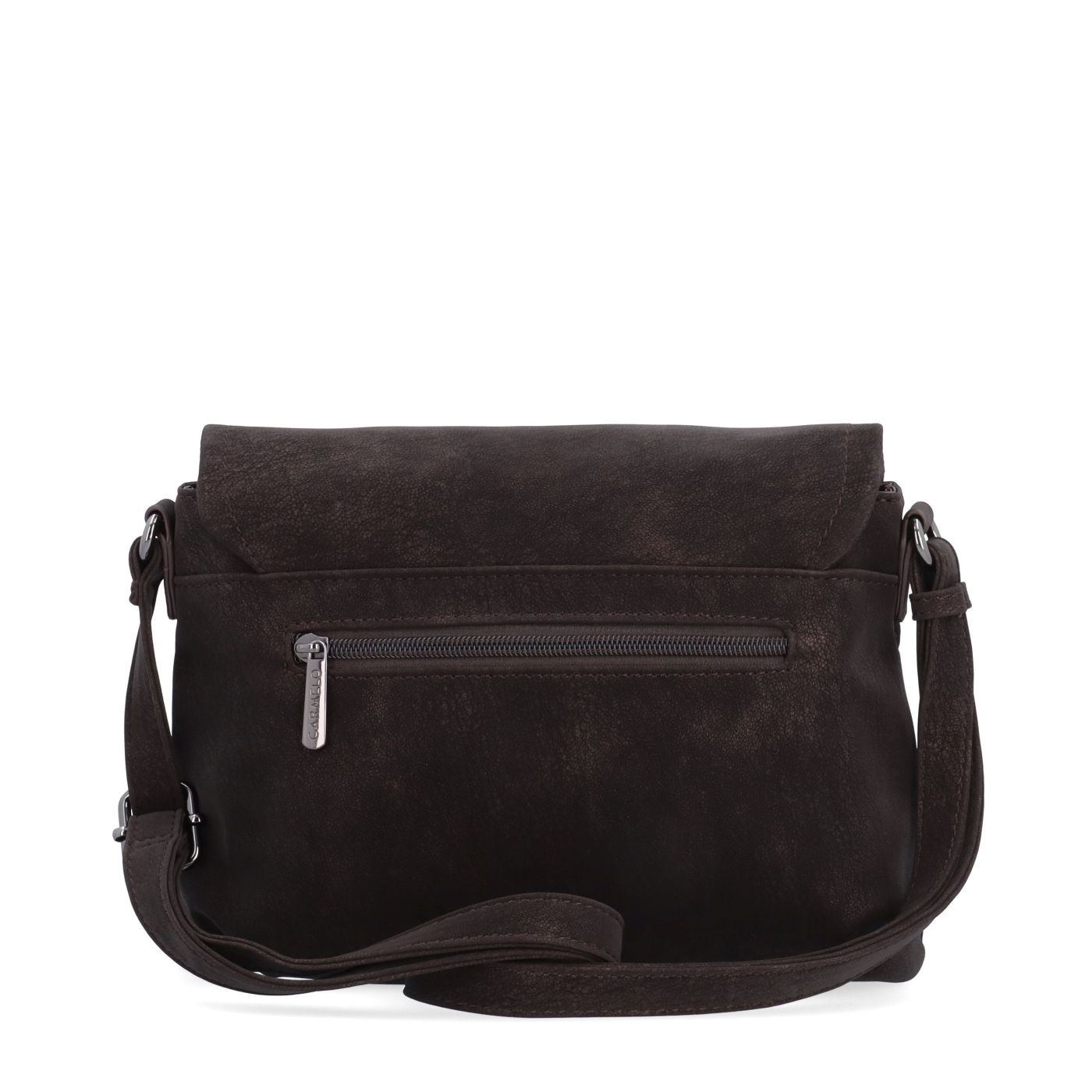 Štýlová crossbody kabelka s praktickou klopou Carmelo materiál syntetická koža zapínanie na zips farba hnedá veľkosť malá 4661 TH Zozadu